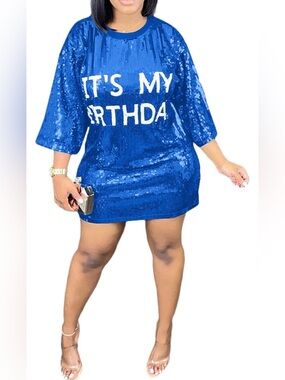 Royal Blue Sequin "It's My Birthday" Party Dress - Size: Medium